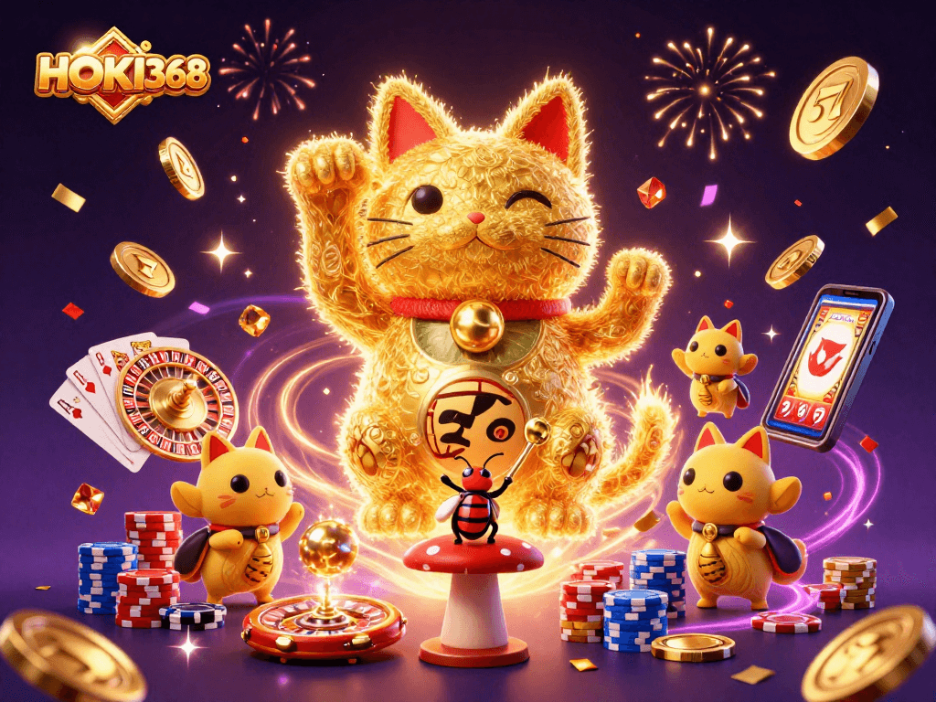 Experience the excitement of HOKI368 with vibrant casino elements and a lucky cat symbol in a dynamic scene.