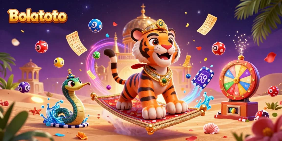 Experience the excitement of Bolatoto with a vibrant casino themed scene featuring a tiger sultan and magic creatures.
