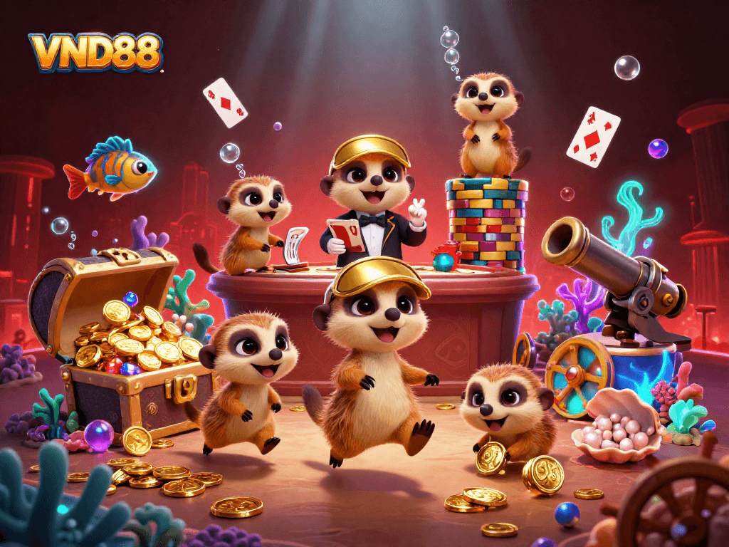 Experience VND88's engaging casino environment with animated meerkats and underwater treasures.