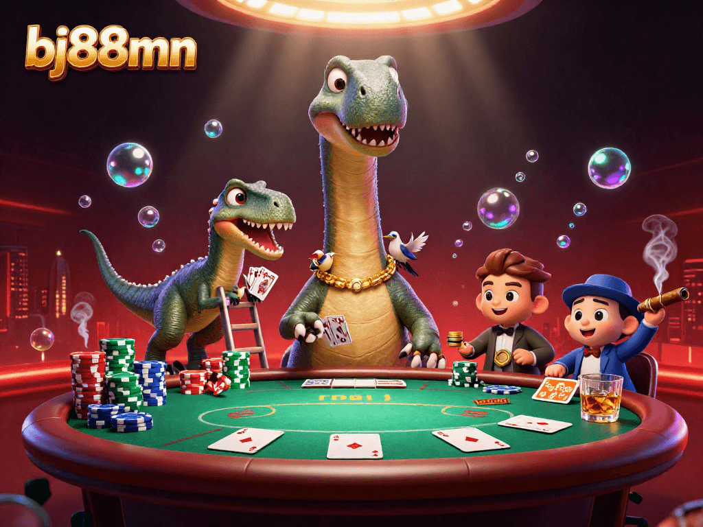 Engage in thrilling games at bj88mn featuring a 3D brontosaurus and dynamic poker table.