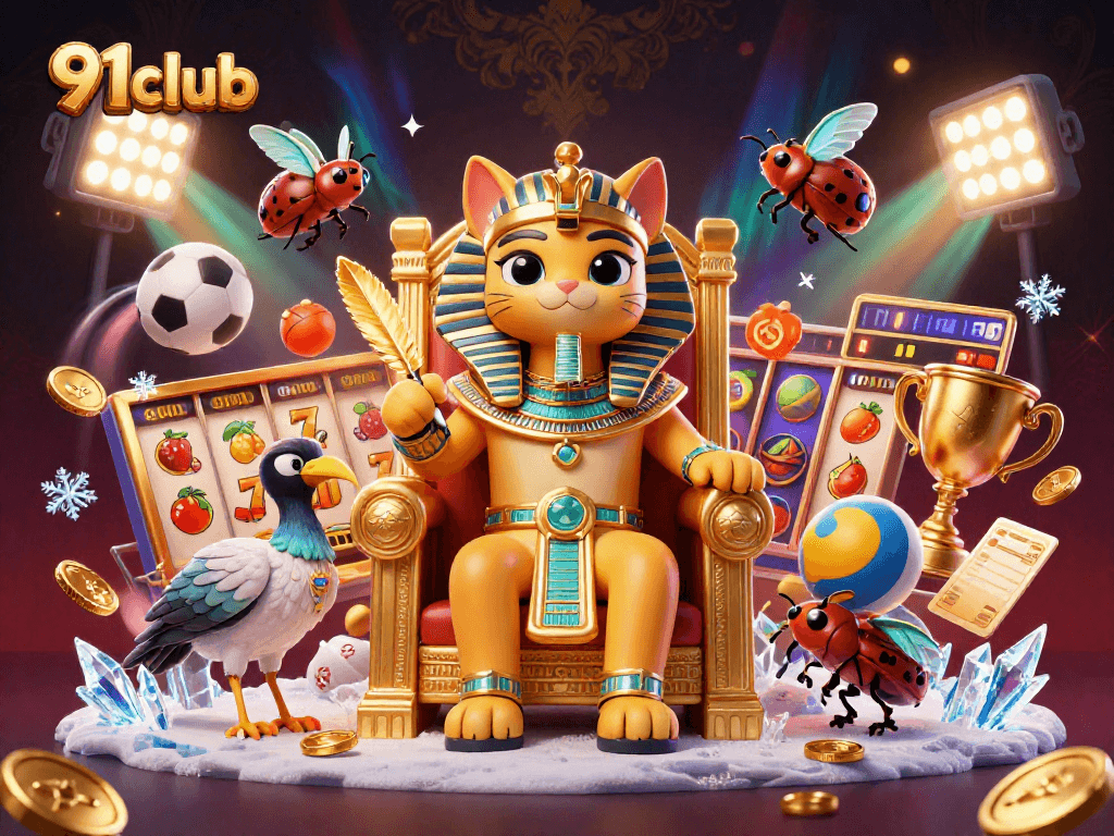 Engage in fun gaming with 91club's vibrant 3D scene featuring a pharaoh cat and slot reels.