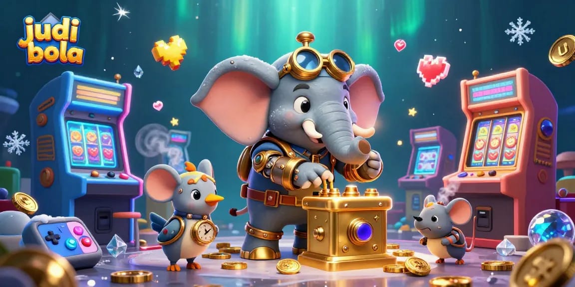 Engage with judi bola betting excitement as a steampunk elephant operates a golden slot machine in a vibrant arcade.