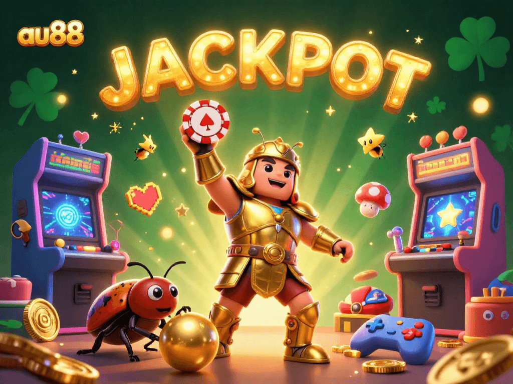 Engage with au88's fun 3D casino gaming scene featuring a victorious beetle and glowing jackpot elements.