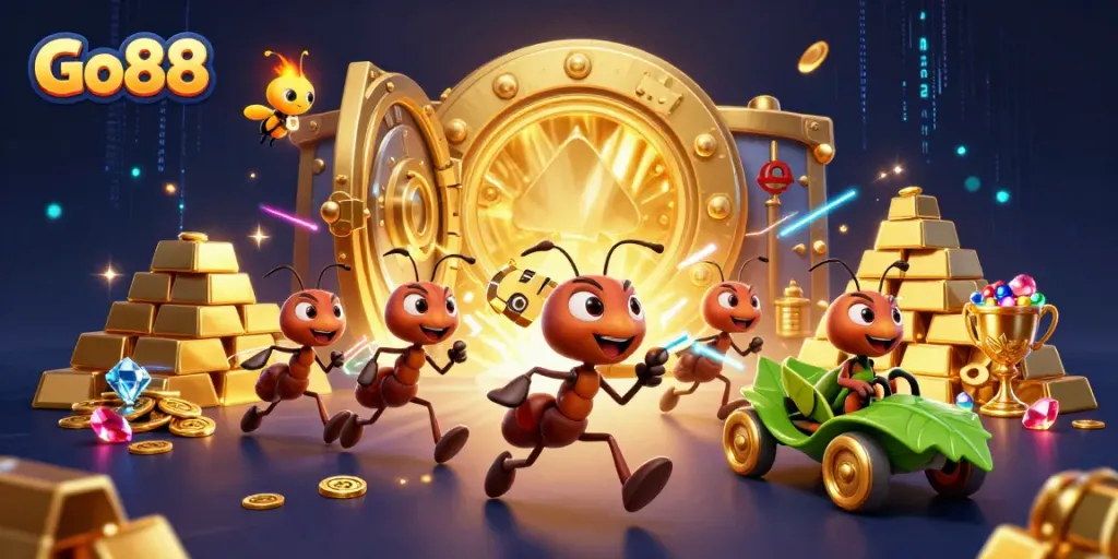 Go88 ants heist scene with golden poker chip in vibrant, animated 3D casino atmosphere.