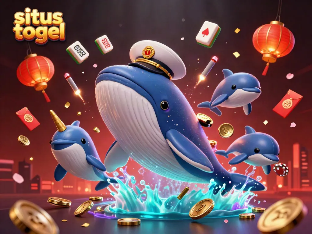 Experience the vibrant world of situs togel with a dynamic 3D scene featuring playful casino elements and sea creatures.