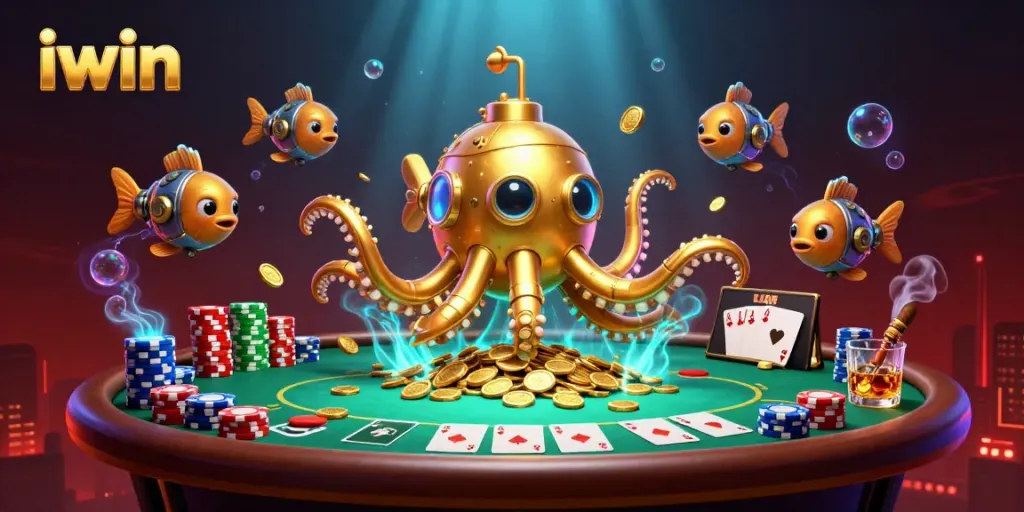 Win big with iwin: Dive into an ocean of casino excitement surrounded by poker elements.
