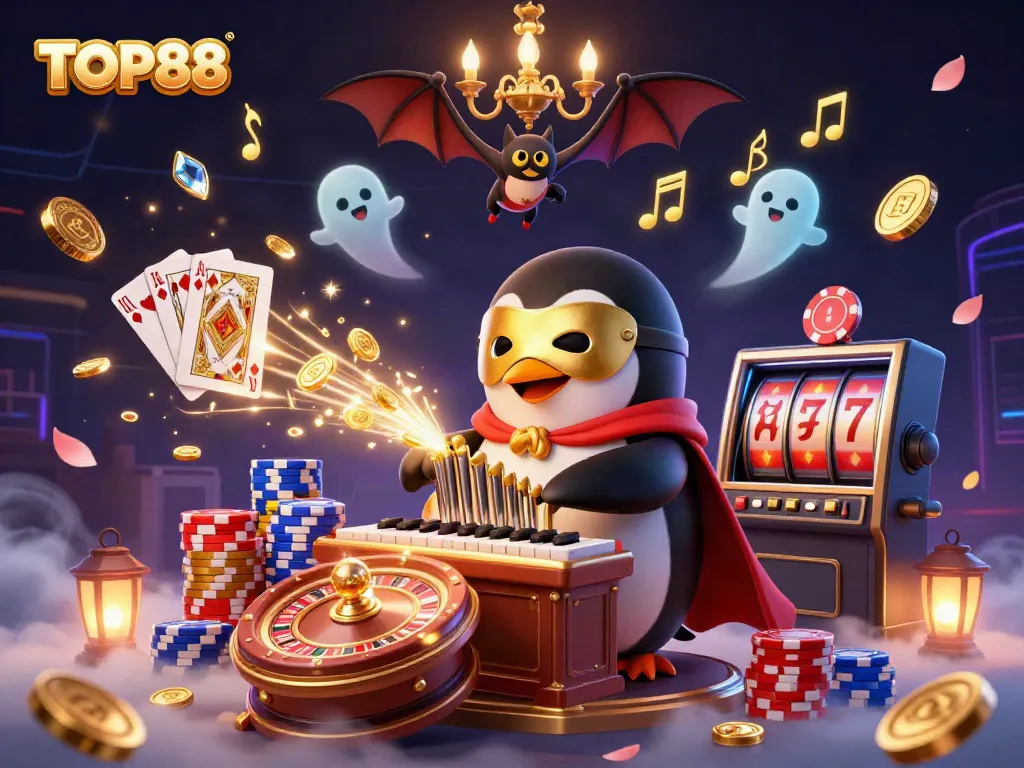 Join the excitement with the TOP88 penguin character playing casino tunes as coins rain down in a vibrant 3D scene.