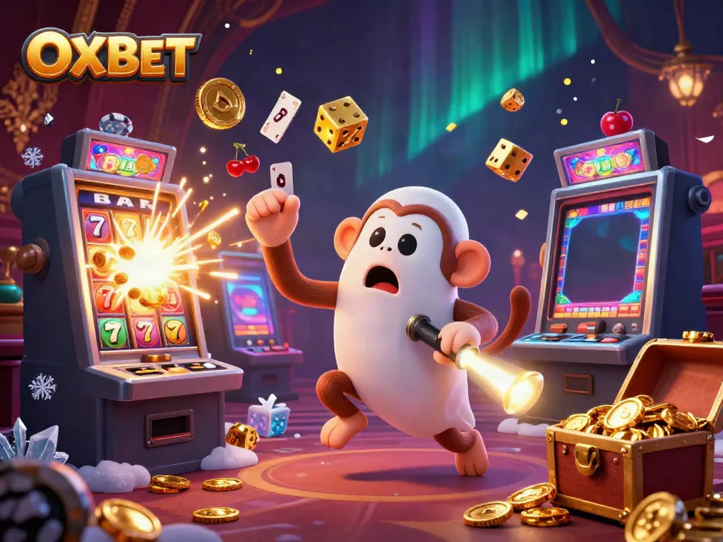 Experience thrilling OXBET gameplay with a ghost-hunter puppy tracking a poltergeist monkey amidst dazzling casino scenes.