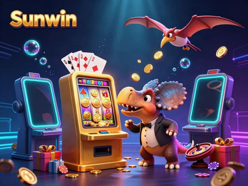 Sunwin features a dinosaur hitting a slot machine for jackpot coins amidst a vibrant casino scene.