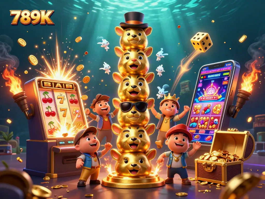 Engage with thrilling casino games like 789K, featuring dynamic elements including slot machines and a golden totem.
