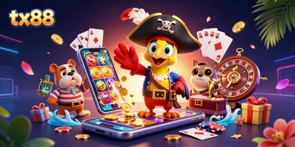 Spin and win with tx88 at this vibrant scene featuring pirate characters and exciting casino games.