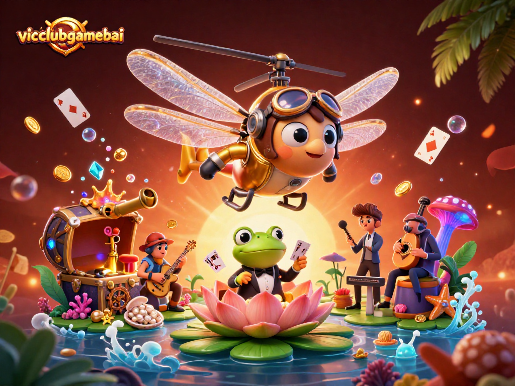 Experience thrilling gaming action at vicclubgamebai with a vibrant scene featuring a frog croupier and dynamic casino elements.