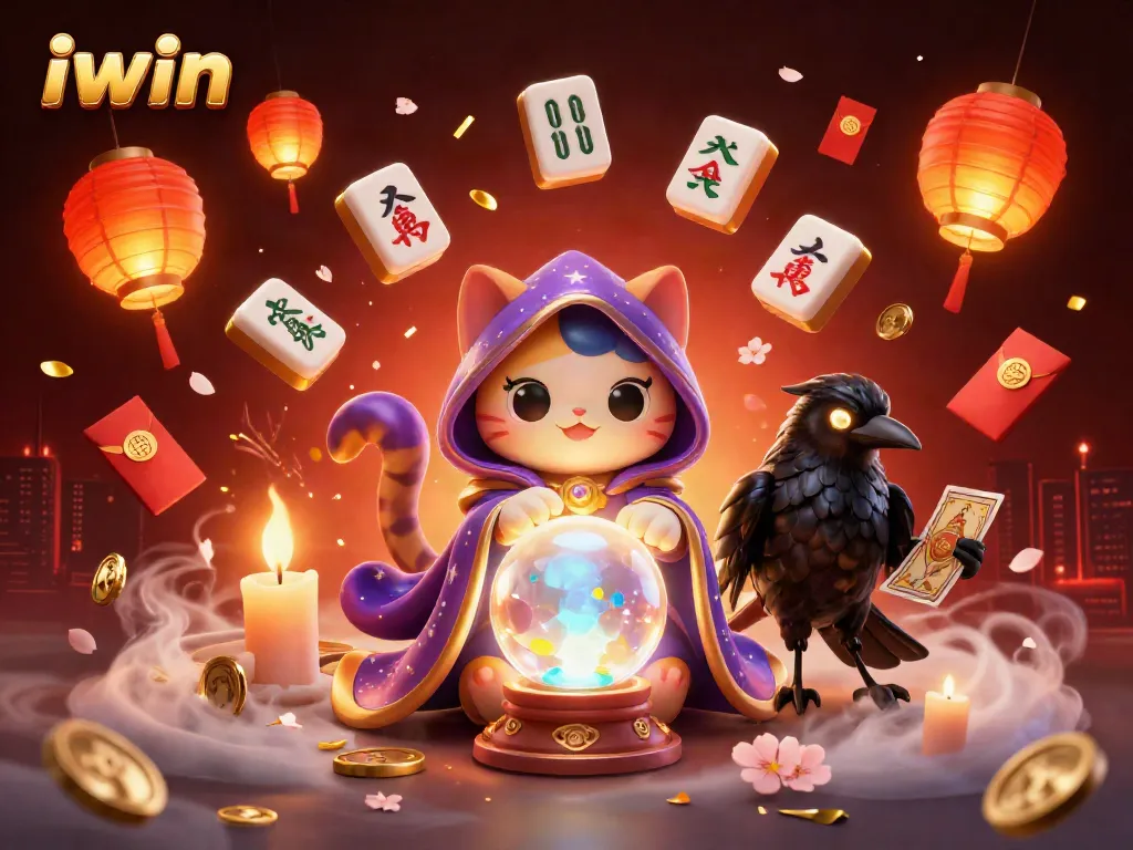 iwin showcases a mystical gaming atmosphere with a fortune teller cat and tarot raven, surrounded by casino elements.