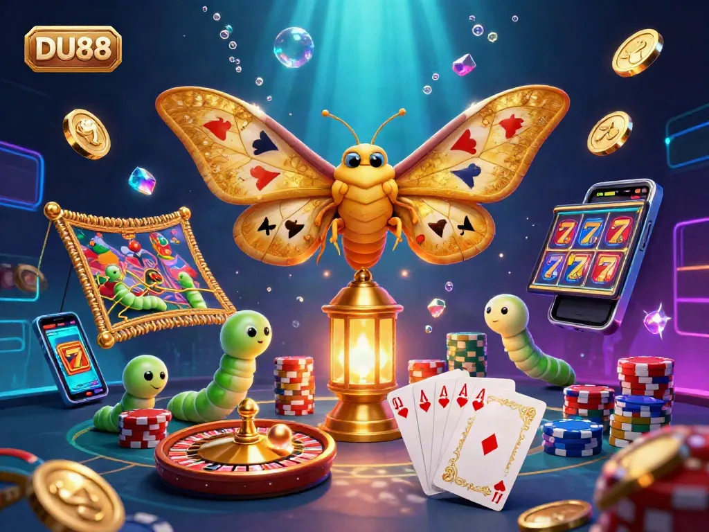 Engage with DU88's vibrant casino adventures featuring a 3D moth, gold coins, and roulette.