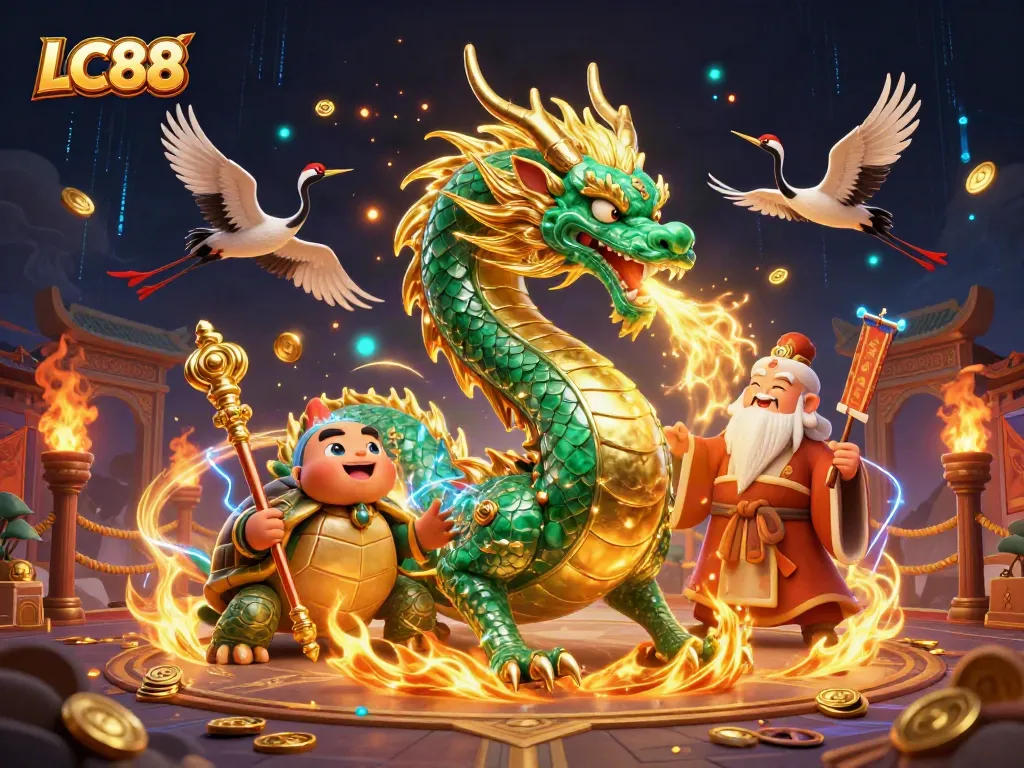 Engage in thrilling gameplay at LC88 with vibrant casino action featuring dragons and lucky symbols.
