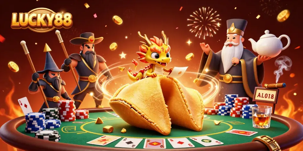 Experience LUCKY88 with a vibrant 3D illustration showcasing casino excitement and dynamic game elements.