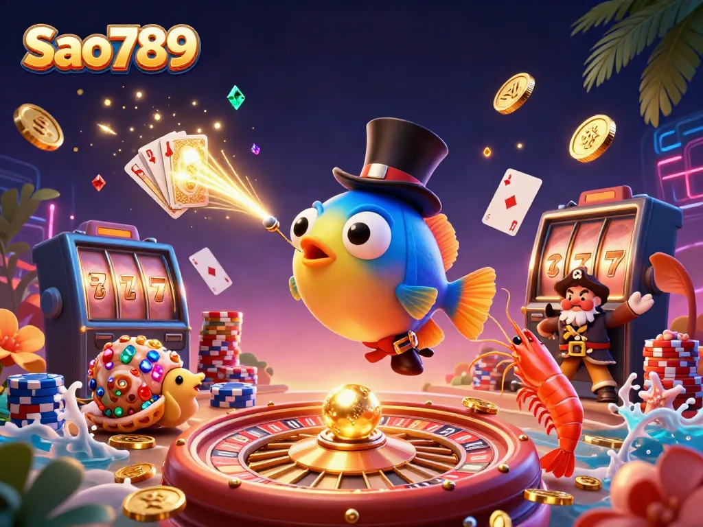Sao789 captures a vibrant underwater casino scene featuring joyful characters and floating gold.