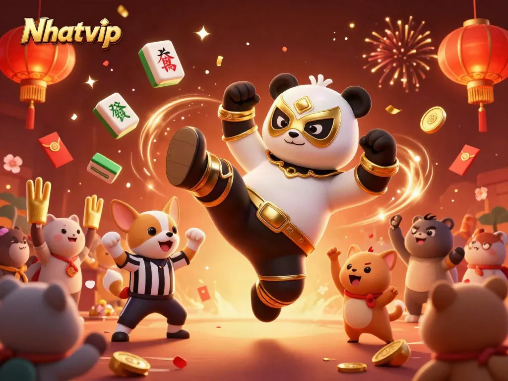 Nhatvip celebrates with a dynamic scene featuring animated characters and casino elements.