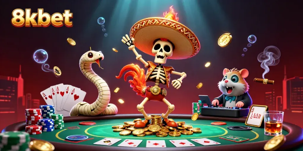 Experience the excitement of 8xbet gaming with dynamic characters and casino elements in this vibrant illustration.