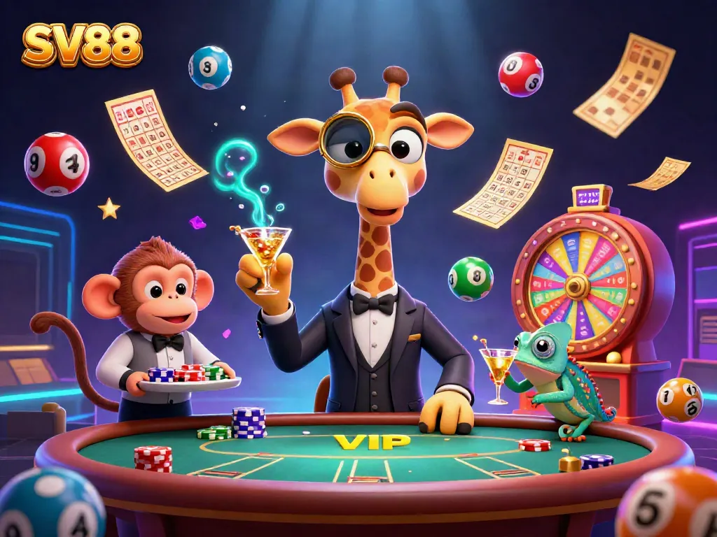 Experience the excitement at SV88 with a high-roller giraffe and vibrant casino elements.