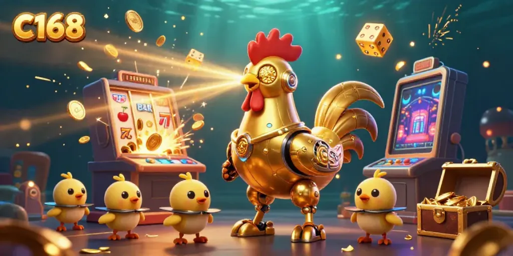 C168's vibrant 3D casino scene showcases a golden rooster robot with baby chick drones amidst jackpot winning symbols.