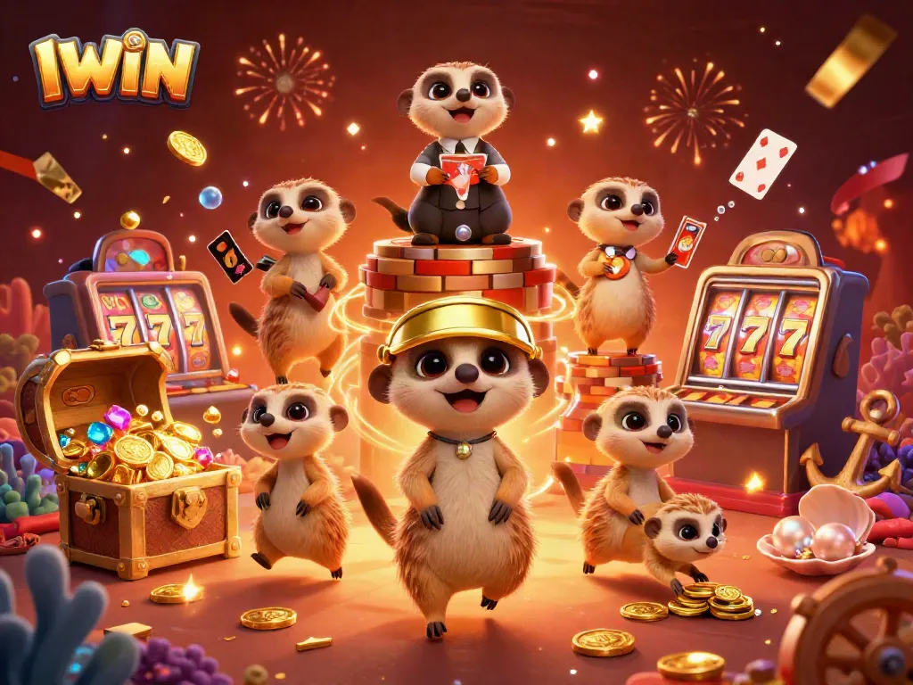 IWIN's vibrant casino scene showcases cartoon meerkats as dealers, igniting excitement with slot machines