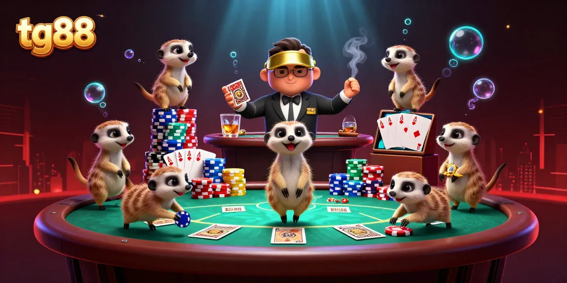 Engage with tg88 in an adventurous meerkat casino scene featuring dynamic poker activities.