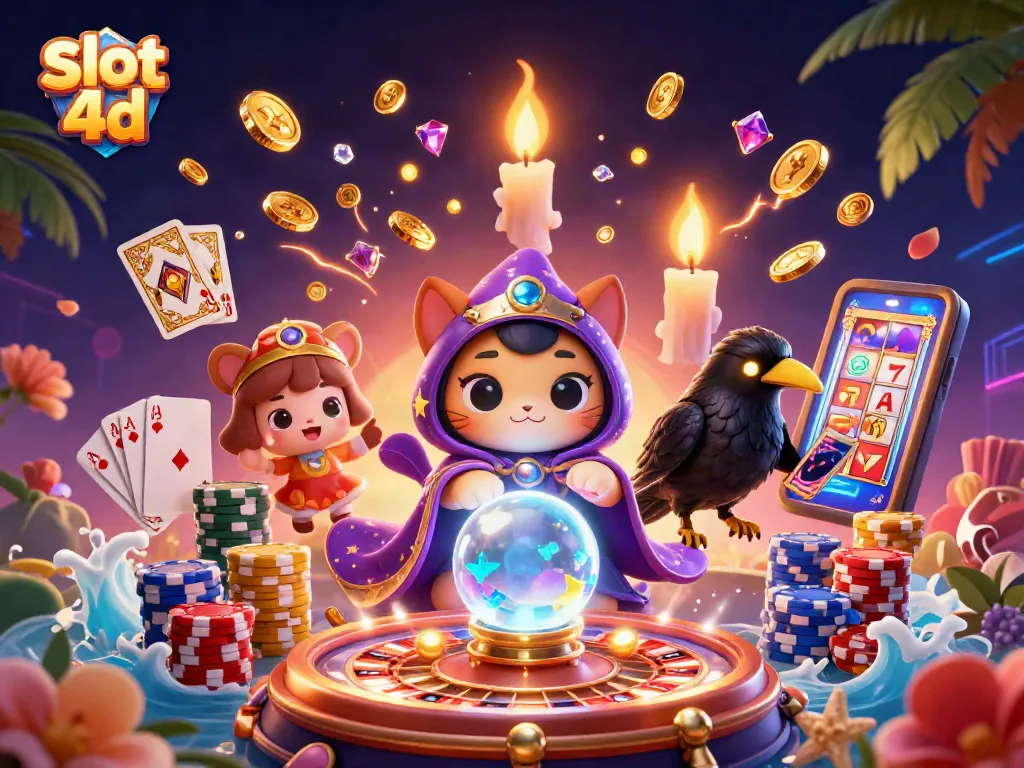 Menangkan permainan slot 4d dengan tampilan kucing mistik, burung gagak, dan elemen kasino yang berkilauan.