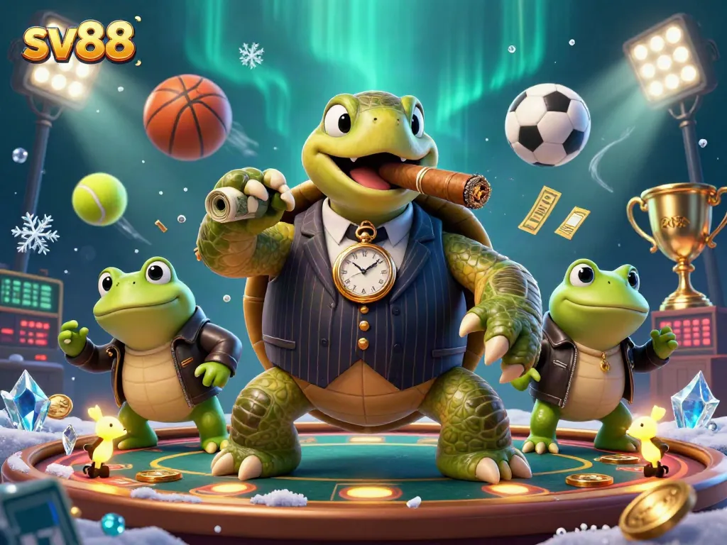 Experience the thrill of sv88 with a cartoon turtle mobster at a vibrant casino scene.