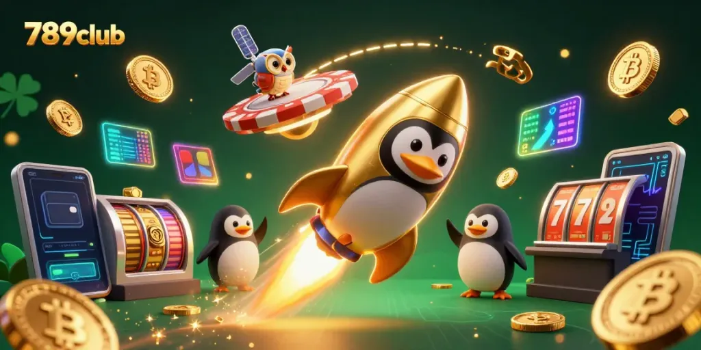 Experience the thrill of gaming at 789club with a dynamic 3D illustration featuring a golden penguin flying toward a casino.