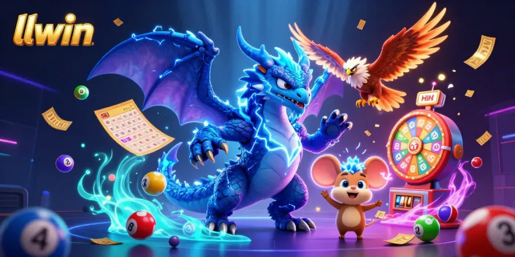 Engage in thrilling gambling action with llwin, featuring a vibrant 3D cartoon thunder dragon, spinning prize wheel, and colorful lottery elements.
