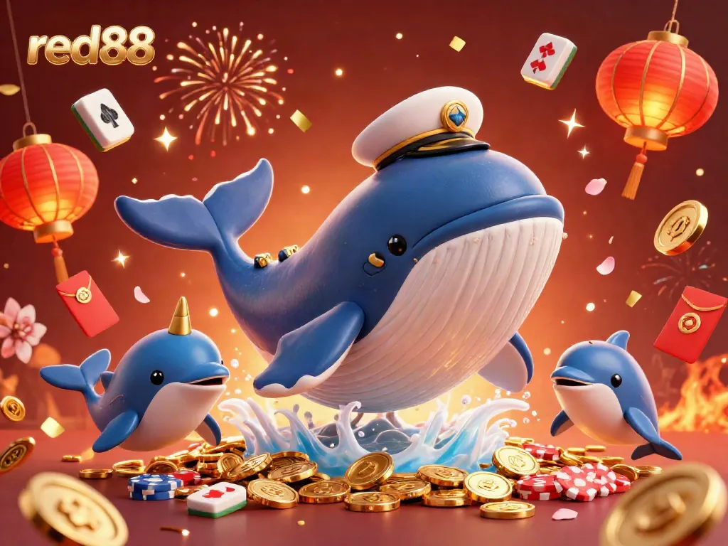 Engage with red88's exciting world of gaming with a vibrant 3D cartoon scene featuring a whale, narwhal, and dolphins.