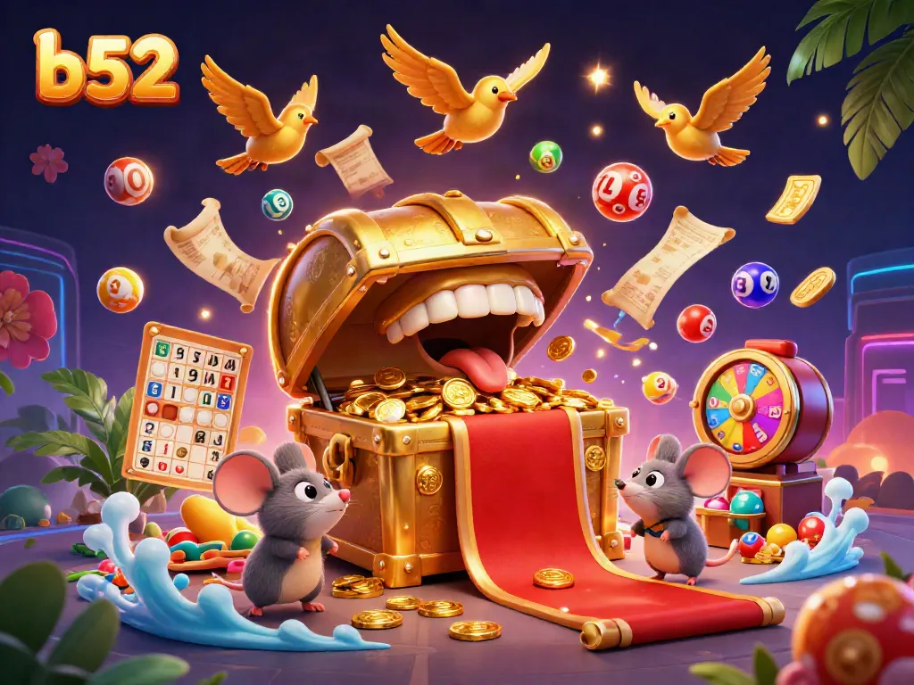 Experience the allure of the b52 casino with vibrant lottery balls, golden treasures, and exciting prizes in a rich 3D illustration.