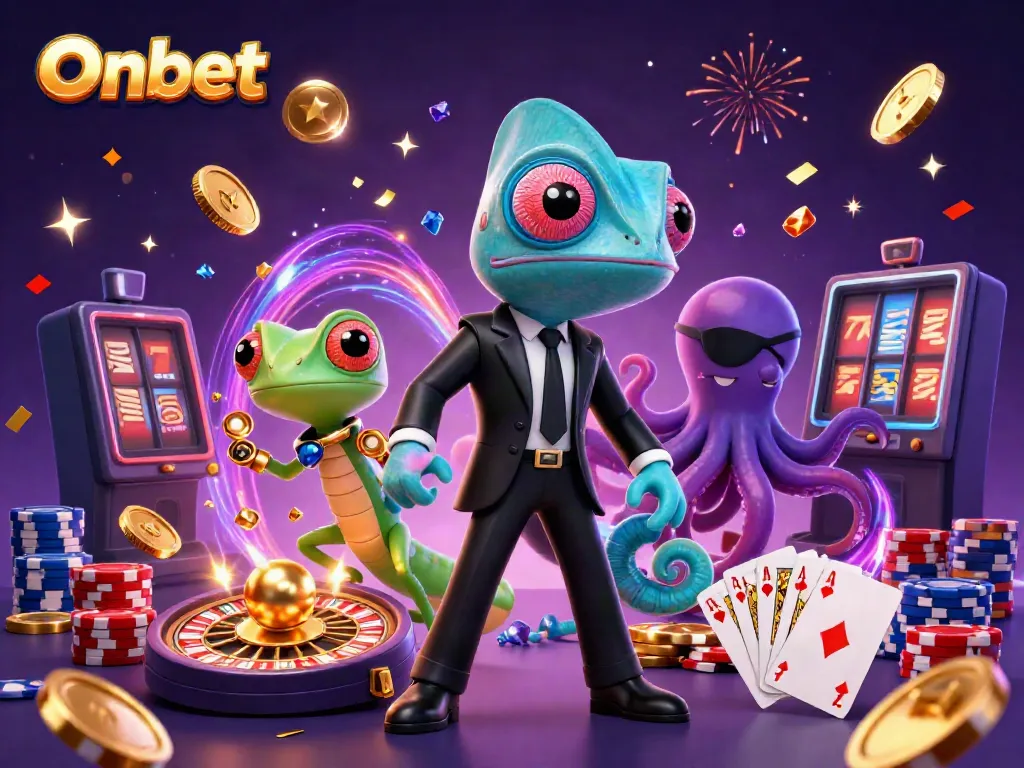 Engage in thrilling games at Onbet with a vibrant casino scene featuring lively 3D characters and riches.