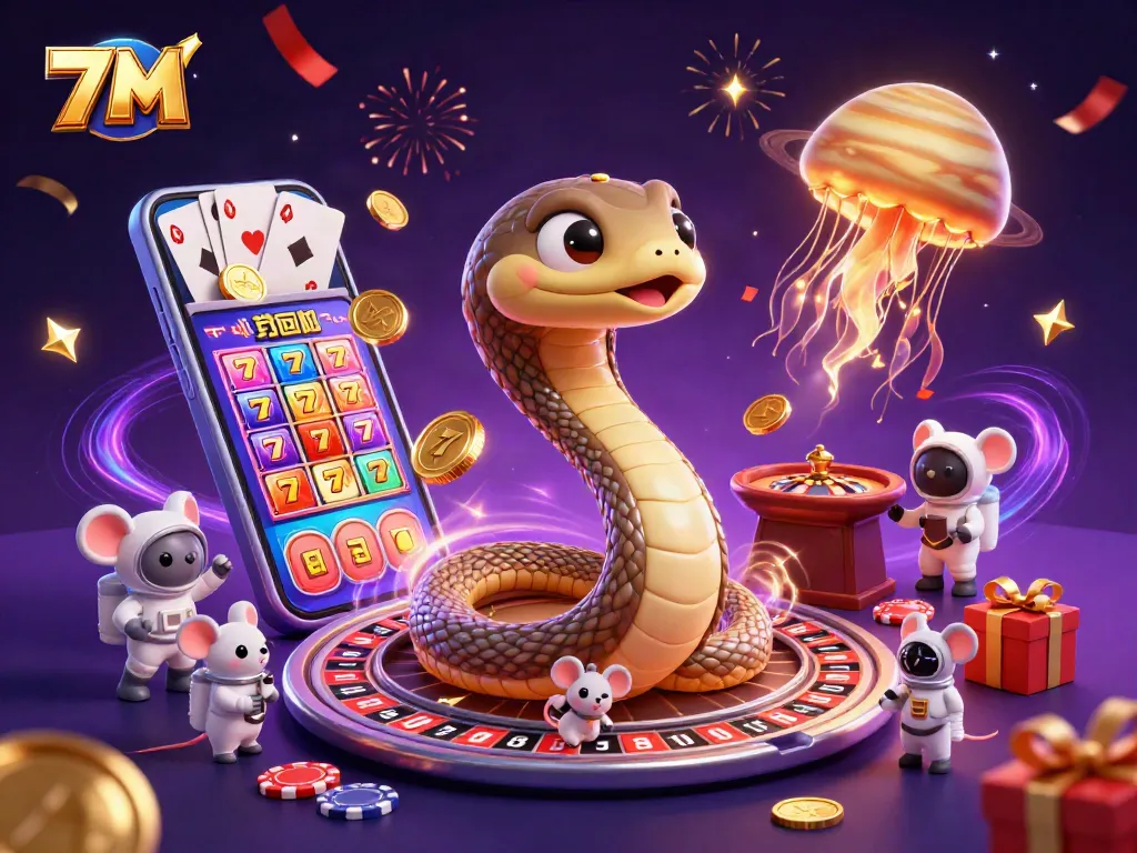 7M online casino illustration showing lucky astronaut mice betting on a cosmic roulette wheel.