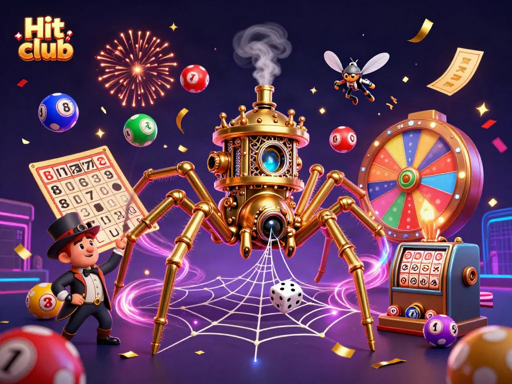 Experience the thrill at Hit club with a vibrant 3D scene of a golden spider and amusing characters amidst celebration.