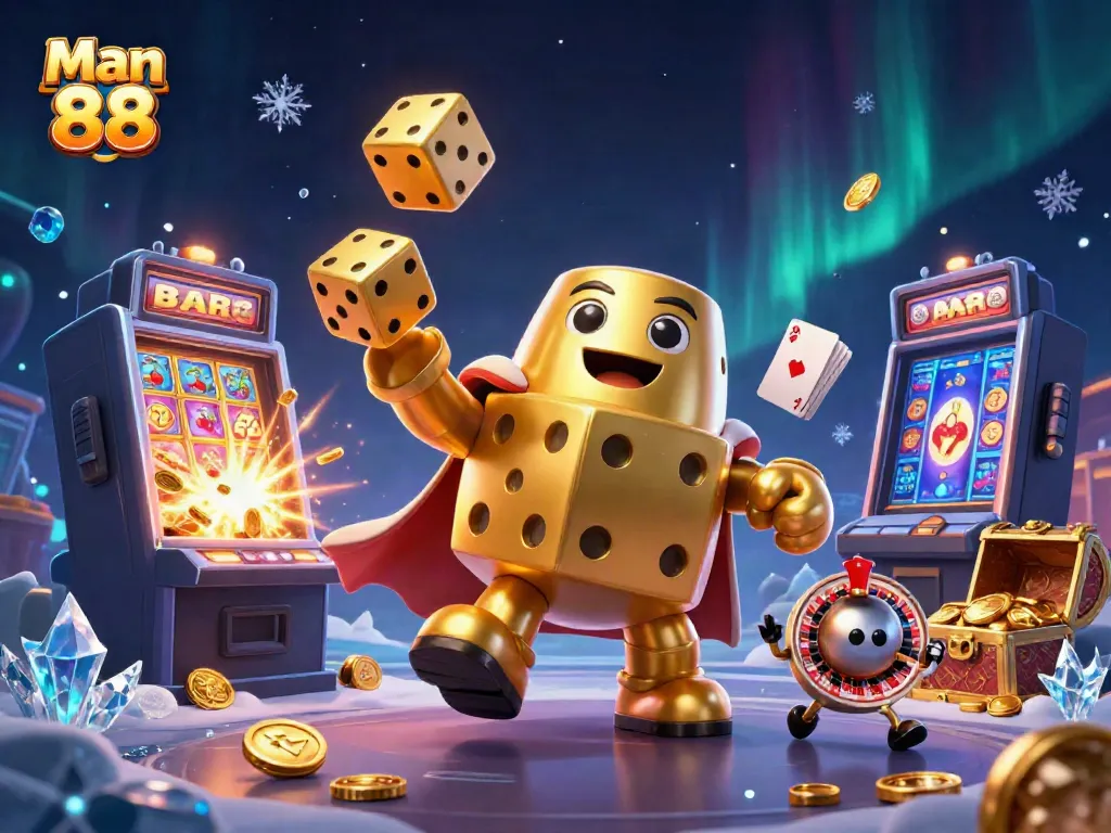 Experience thrills at Man 88 with golden dice and jackpot excitement in this vibrant casino illustration.
