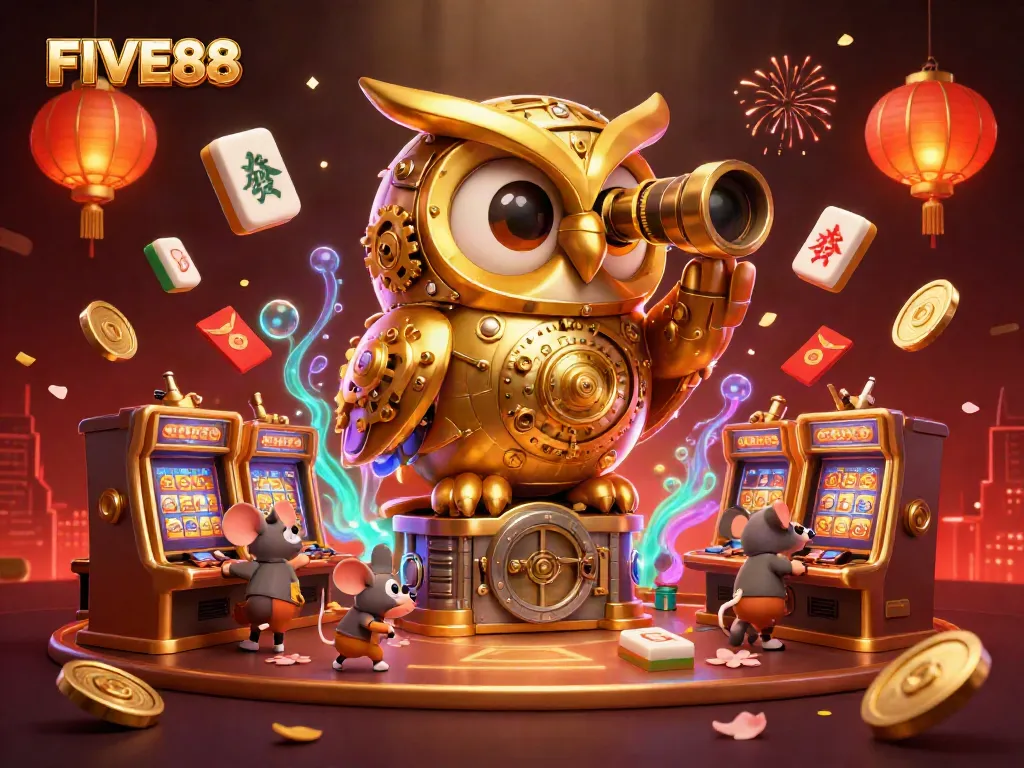 Engage with FIVE88's thrilling casino experience featuring a lively 3D illustration of gaming elements.