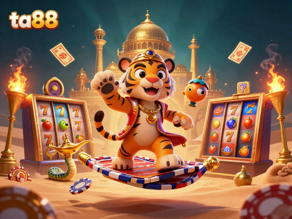 Experience the excitement of ta88 slots with a magic lamp genie and vibrant casino elements.