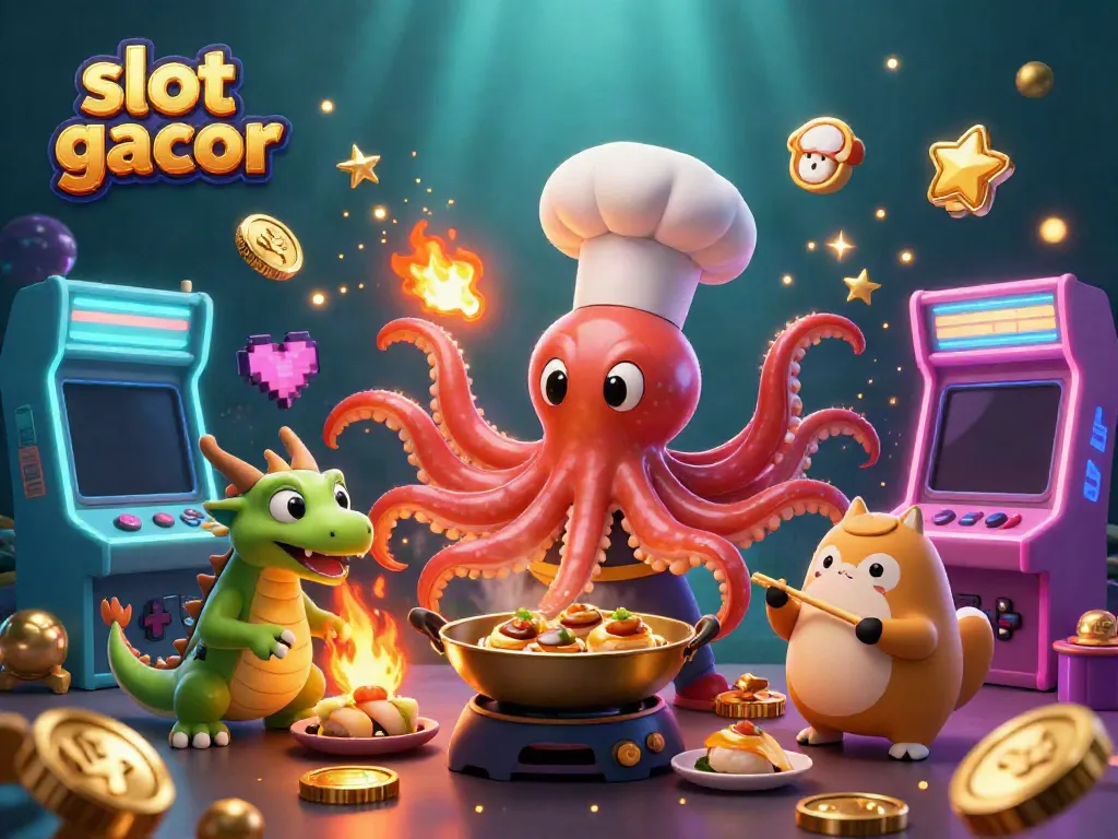Experience the excitement of slot gacor with a dynamic scene featuring a sushi chef octopus, dragon, and tanuki in a colorful casino.