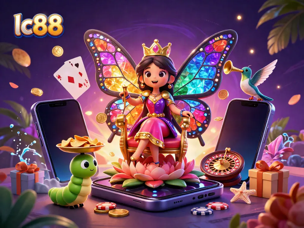 Exciting lc88 casino scene with a butterfly queen, vibrant games elements, and dynamic energy.