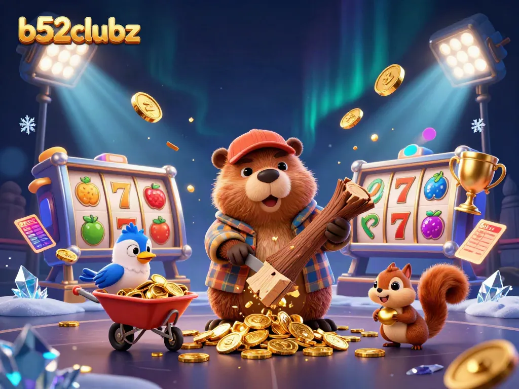 Experience big wins with b52clubz in a vibrant 3D casino scene filled with gold and sports elements.