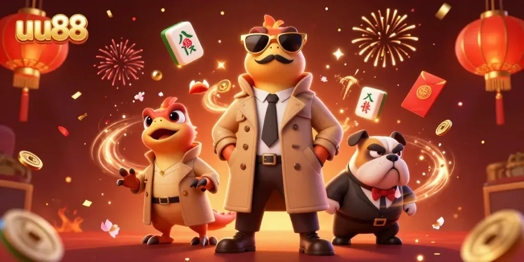 Experience the excitement of uu88 with playful raptors and a suspicious bouncer in a vibrant casino setting.