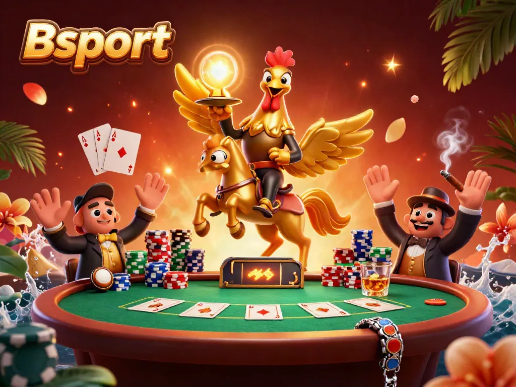 Experience the exciting ambiance of Bsport's casino scene with a golden rooster and poker elements.