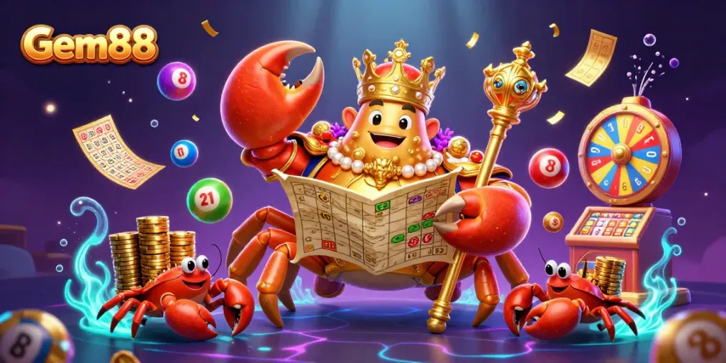 Gem88 offers thrilling gaming experiences with a dynamic scene of a golden crab emperor amidst vibrant lottery balls and casino elements.