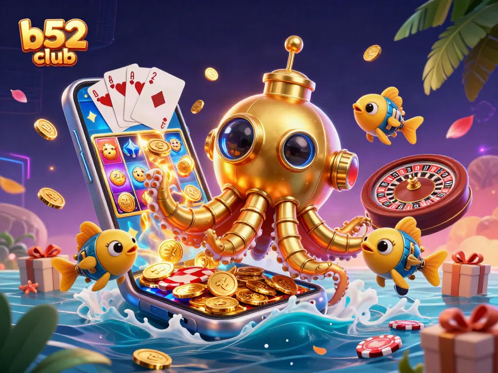 b52club brings excitement as a golden kraken and mechanical fish play slot games in a treasure-filled ocean.