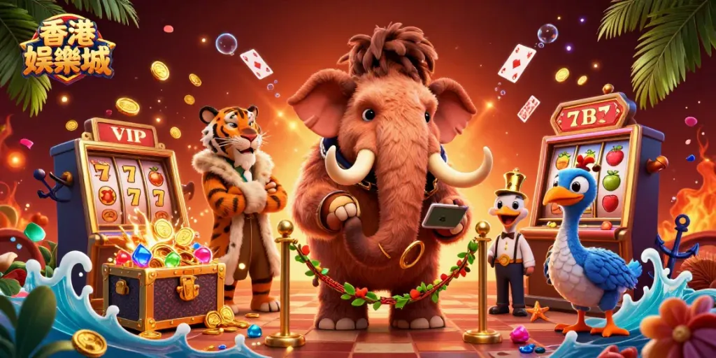 Action-packed illustration of 香港娛樂城 showcasing a lively casino scene with a mammoth bouncer and VIPs amidst slot machines and treasures.
