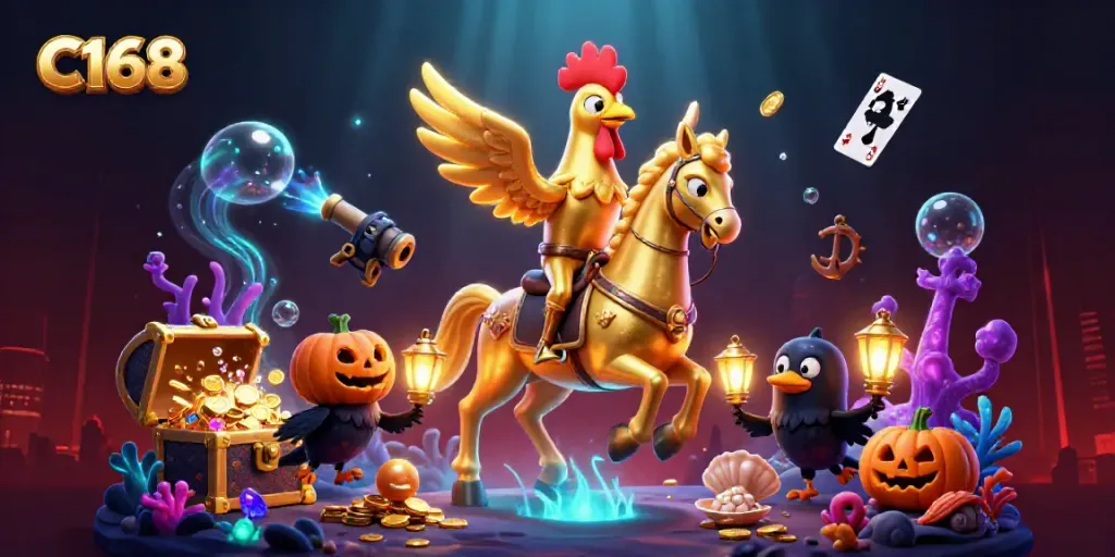 Experience C168 with a golden rooster headless horseman amidst riches and neon lights in this vibrant casino scene.