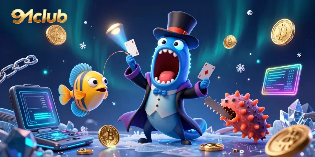 Engage with the thrilling 91club gaming experience featuring vibrant 3D sea creatures and crypto coins.