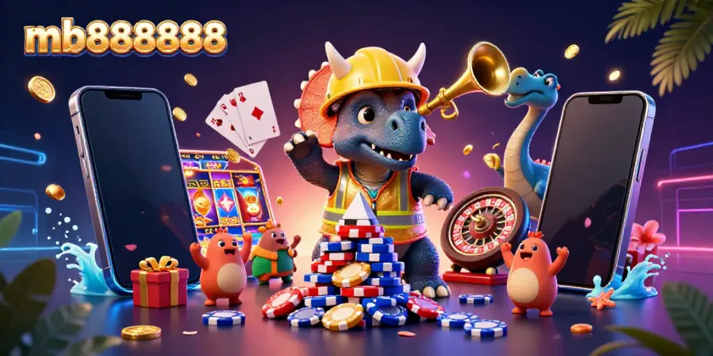 Experience exhilarating fun with mb888888 as a triceratops builds poker chip towers in a vibrant casino scene.